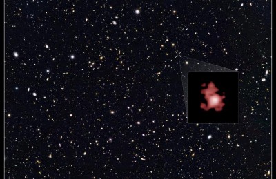 Hubble Space Telescope image of the Galaxy Gn-z11 shown in the inset as it was 13.4 billion years in the past just 400 million years after the big bang